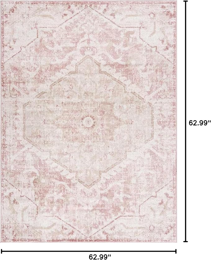 BoutiqueRugs Blush & Light Pink Collection Leonora Bohemian Oriental Medallion Area Rug - Traditional Floral Carpet for Living Room, Bedroom - Blush, Pale Pink, Cream - 5'3" Square Rug