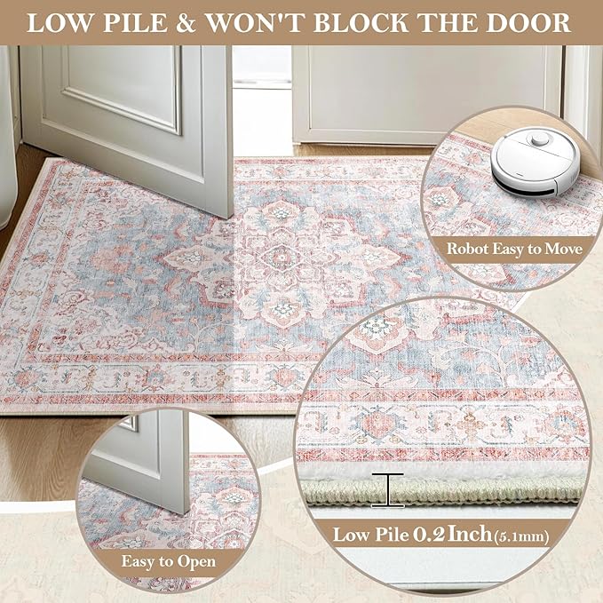 Machine Washable Rugs Nursery Rug 6x9 Cute Girl Non Slip Low Pile Water Repellent Soft Print Pattern for Bedroom Indoor Decor Kids Playroom Pinkblue