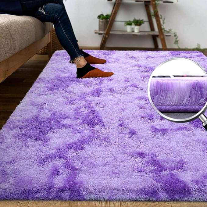 DweIke Fluffy Purple Shag Rugs for Bedroom Living Room, 4x6 Feet Soft Plush Tie-Dyed Light Purple Girls Boys Kids Rug, Upgraded Non-Slip and Machine Washable Carpet for Dorm Nursery Classroom Decor