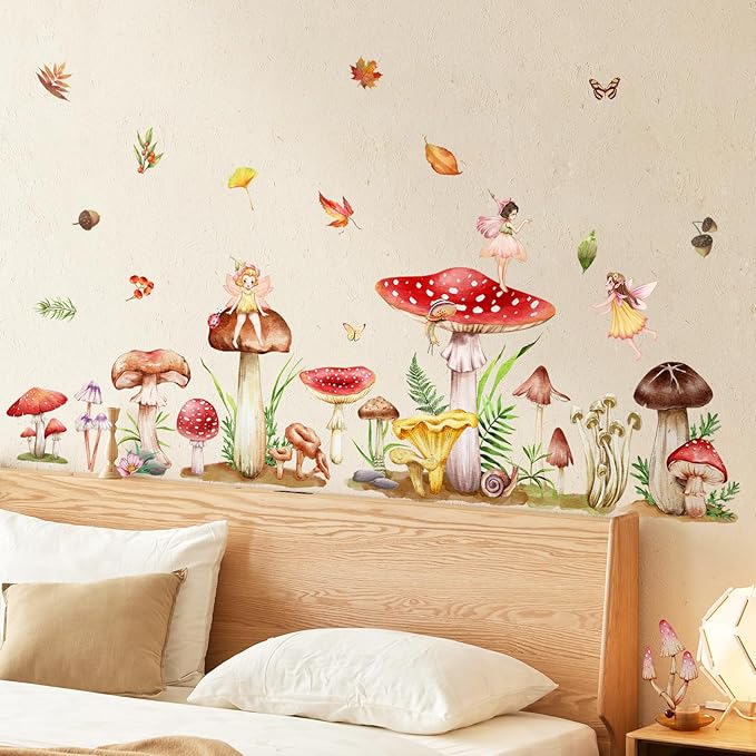 Supzone Woodland Mushroom Wall Decals Elf Flower Fairy Wall Stickers Peel and Stick Vinyl Wall Art Decals for Girls Bedroom Living Room Baby Nursery Wall Decor