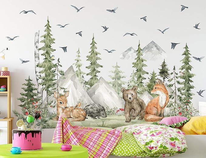 Large Jungle Animals Wall Decals Forest Tree Wall Decal Peel and Stick Woodland Bear Fox Deer Wall Stickers Giant Mountain Art for Bedroom Nursery Room MS230