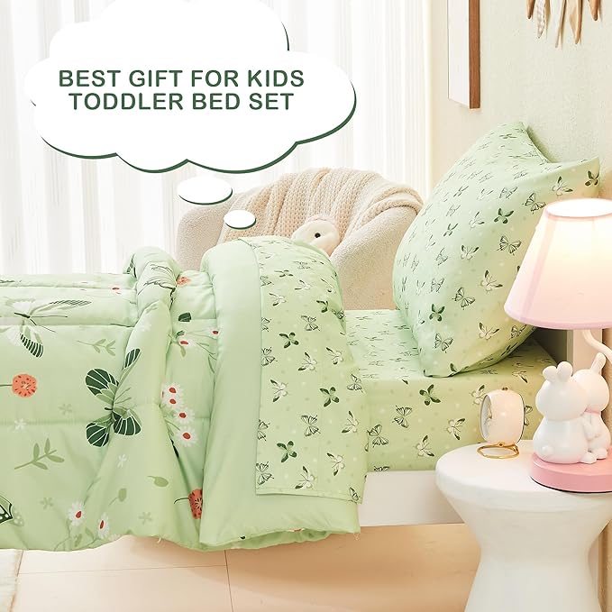 Mooreeke 4 Pieces Toddler Bedding Set - Soft Sage Green Butterfly Toddler Comforter Sets for Girls, Includes Quilted Comforter, Flat Sheet, Fitted Sheet and Pillowcase, Bed in A Bag for Baby Bedroom