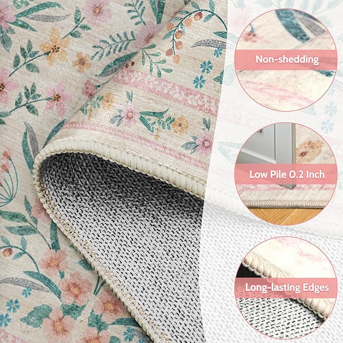 Pink Floral Round Rug 5ft, Washable Boho Circle Area Rug for Girls Bedroom, Soft Non-Slip Botanical Carpet for Nursery, Kids Room, or Living Room