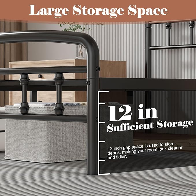 Queen Bed Frames with Headboard, Heavy Duty Bed Frames with Headboard Noise-Free Design & 12" Underbed Storage,No Box Spring Needed/Tool-Free 30 Mins Assembly