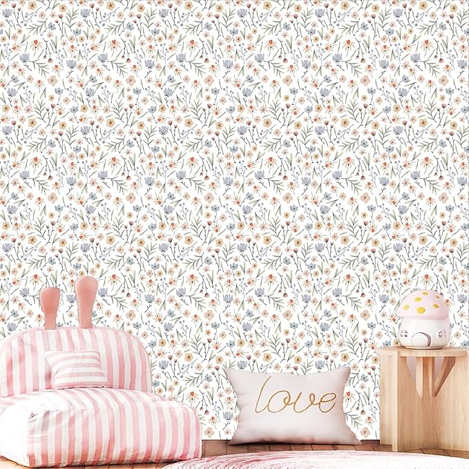 Boho Floral Wallpaper Wildflower Wall Paper Small Flower Wall Stickers Decor Botanical Floral Leaf Decals Peel and Stick Cute Flower Wallpaper for Kid Baby Room Girl Bedroom Decor