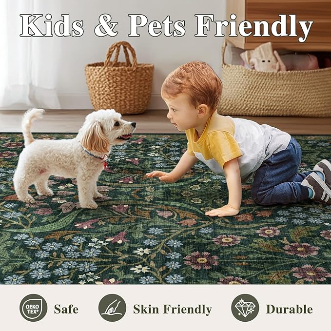 6x9 Washable Area Rug for Living Room, Floral Non-Slip Non-Shedding & Easy Care, Soft Low Pile Botanical Indoor Floor Carpet for Living Room, Bedroom, Farmhouse, Dining Room, Kids Playroom, Green