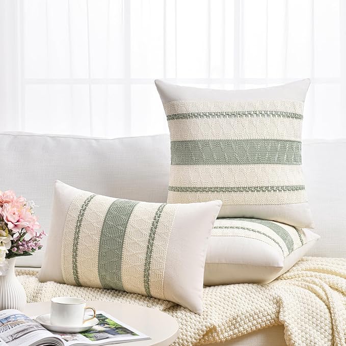 Fancy Homi Set of 2 Sage Green Boho Euro Decorative Throw Pillow Covers 26x26 Inch for Living Room Bedroom Couch Bed Indoors, Rustic Retro Cushion Case, Bohemian Room Home Decor