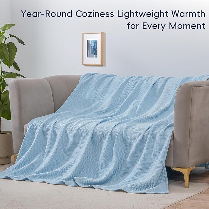 PHF 100% Cotton Muslin Blanket King Size 108"x90", 4-Layer Lightweight Gauze Throw, Breathable Cloud-Soft Minimalist Blanket for Bed, Couch, Camping & Baby, Sky Blue, Ideal Gift