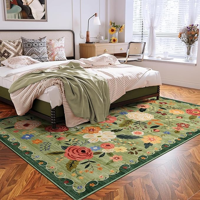 5x7 Washable Area Rug for Living Room, Floral Non-Slip Non-Shedding & Easy Care, Soft Low Pile Boho Indoor Floor Carpet for Living Room, Bedroom, Farmhouse, Dining Room, Kids Playroom, Green