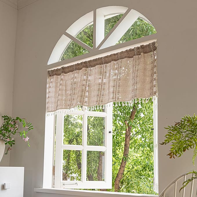 Deeprove Boho Valance Kitchen Short Curtain with Tassel, Textured Striped Drape Tier Embroidered Shabby Chic Linen Coffee Window Treatment for Cafe Closet, W52 x L18 inch Rod Pocket 1 Panel Natural