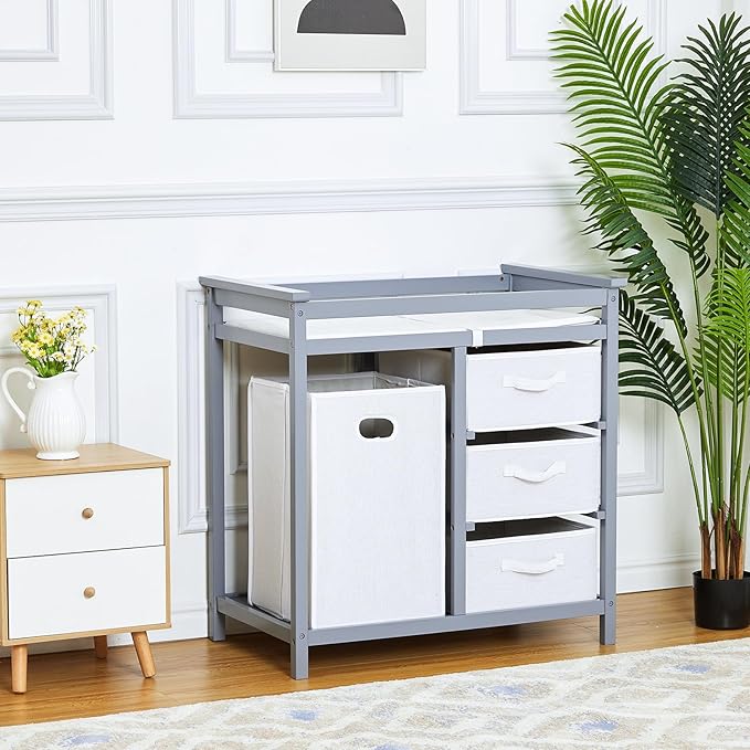 Wooden Baby Changing Table, Modern Diaper Changing Table, Infant Diaper Changing Station Dresser with Laundry Hamper, 3 Drawer Basket and Changing Pad