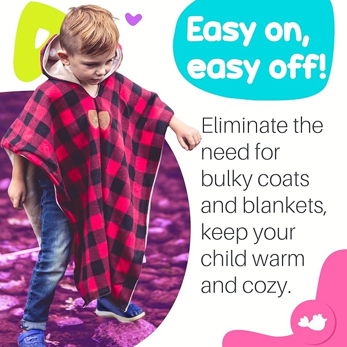 Birdy Boutique Car Seat Poncho for Kids – Reversible Warm Blanket with Hoodie – Safe to Use Over Seat Belts – Easy On, Easy Off, and Doesn’t Impact Seat Performance - Deer and Buffalo Plaid – One Size