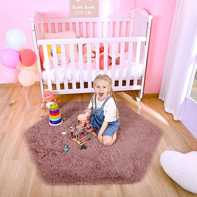 junovo Ultra Soft Rug for Nursery Children Room Baby Room Home Decor Dormitory Hexagon Carpet for Playhouse Princess Tent Kids Play Castle, Diameter 4.6 ft, Blush