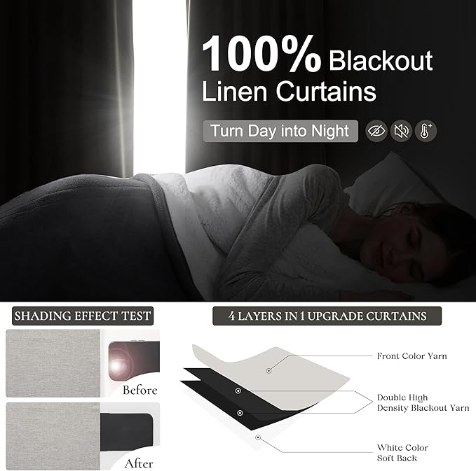 Pleat Linen Blend Room Darkening Curtains 92 Inch Length 2 Panels Set for Living Room, Natural Melange Grey for Bedroom Windows Blackout Drapes Heat Blocking Curtain for Summer Heat (50"Wx92"L)