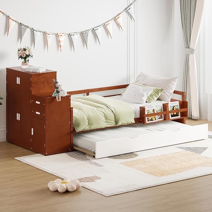 Merax Twin Size Corner Bed with Trundle and Drawers, Wooden Daybed Frame with Storage Cabinets, Bookshelves, and Safety Guardrail, Twin Bed Frame for Kids, Boys Girls, Easy Assembly,Walnut