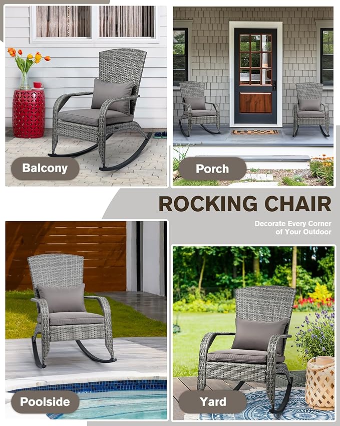 Outdoor Rocking Chair Set of 2- Outdoor Glider Rattan Rocker Chair with Heavy-Duty Steel Frame- All Weather Rocker Chair for Garden, Porch, Backyard, Poolside (Grey, 320lbs)