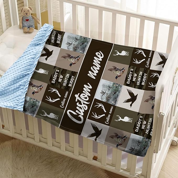 Personalized Baby Blanket with Name – Ducks Antlers Pattern Soft Receiving Blanket for Newborn Boys, Custom, Hunting Theme Nursery Decor for Toddlers