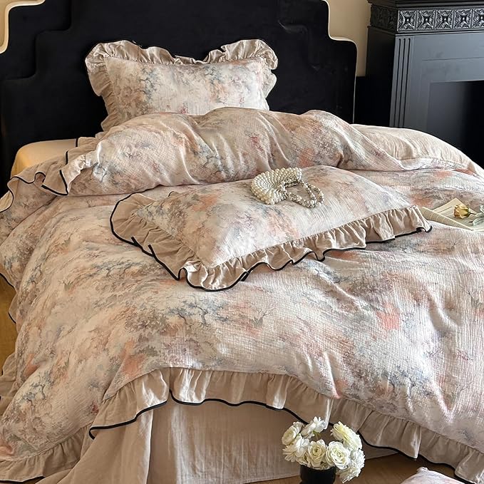 HighBuy Ruffle Linen Duvet Cover Set Twin Beige 100% French Yarn-Dyed Cotton Linen Bedding 3pcs Set,Chic Cottagecore Soft Breathable for Hot Sleepers 1 Duvet Cover and 2 Pillowcases