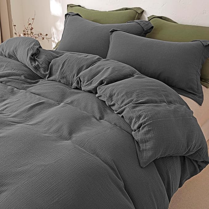 MorroMorn Muslin Duvet Cover Queen Size, 100% Breathable Cotton Comforter Cover Sets, Ultra Soft 2-Layer Gauze Duvet Cover Set 3 PCS with 2 Pillowcases, Lightweight Linen Like, 90"x90", Dark Grey