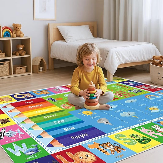 Baby Play Mat, ABC Rug for Kids Playroom, Non Slip Washable Toddler Floor Mat, Alphabet Numbers Colors Weather Learning Classroom Rug for Nursery or Preschool, 4x6 ft