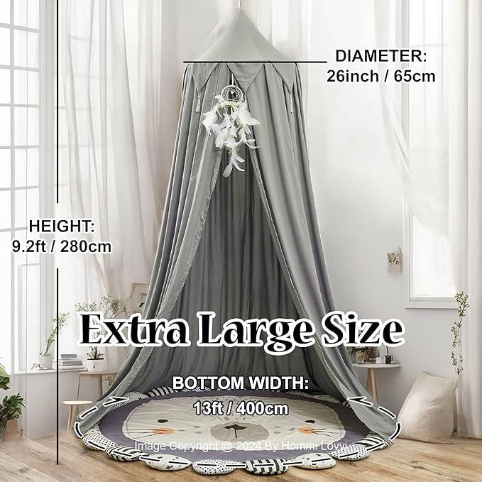 Princess Bed Canopy for Girls, Dreamy Tassels Ceiling Canopy Net Kids Room Decor Soft Canopy Reading Nook, Extra Large Canopies Full Queen Size with Lights - Grey