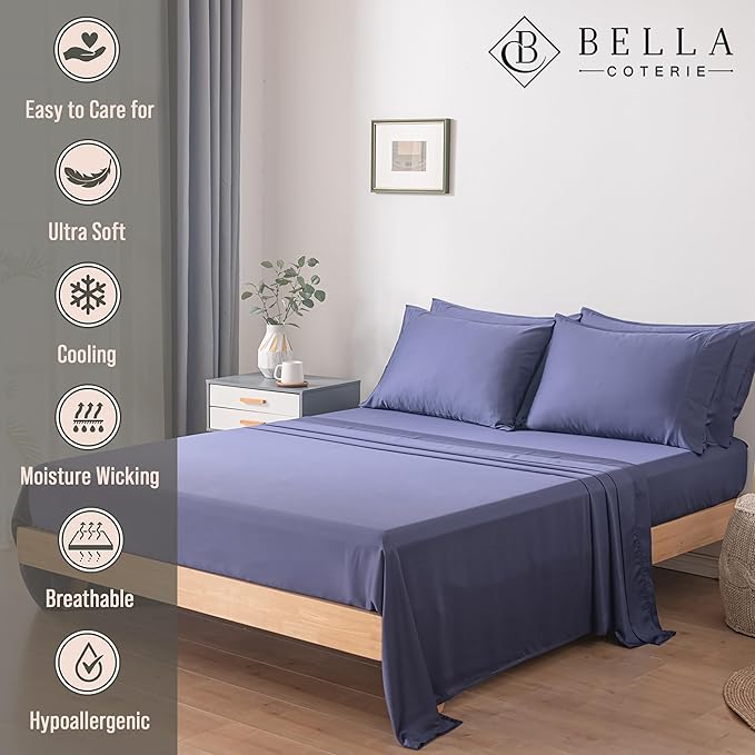 Bella Coterie 6 Piece Luxury Bamboo Viscose King Size Sheet Set | 100% Organically Grown | Cooling for Hot Sleepers | 18" Deep Pocket | Soft & Hypoallergenic | 4 Pillowcases [Twilight Blue]