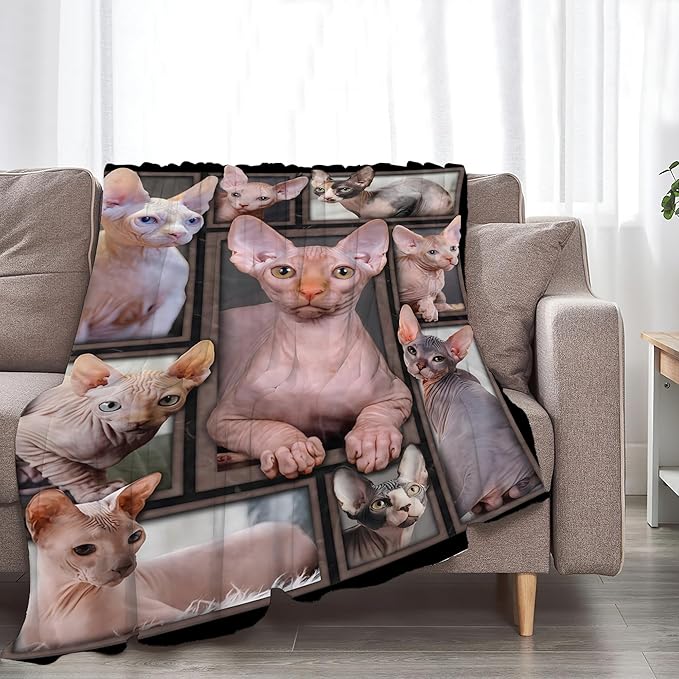 Sphynx Cat Gifts and Decor - Cute Throw Blanket for Girls, Women, Kids, Adults - Soft, Warm, Cozy Fleece Blanket for Couch, Sofa, Bed - 60"x50"
