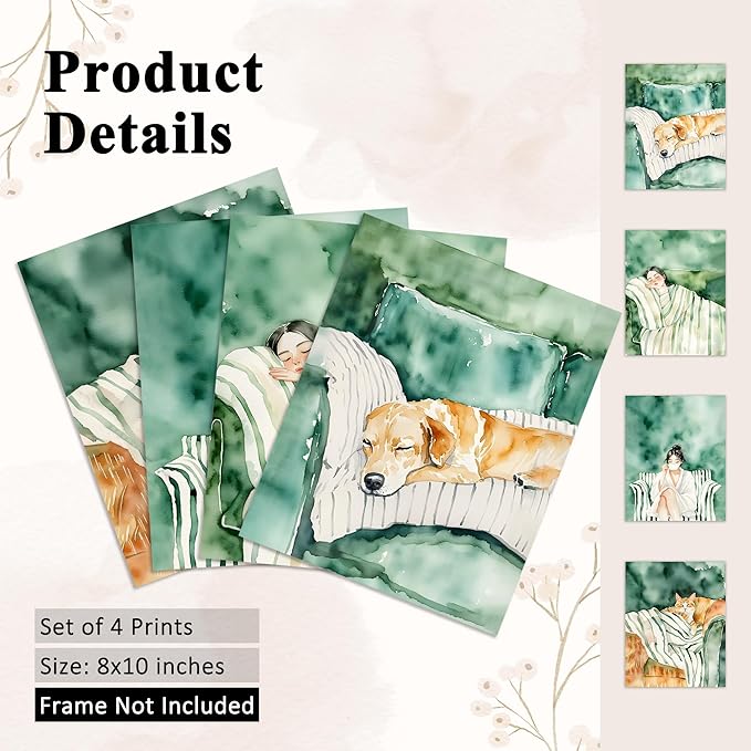 OFJE Golden Retrieve Cat Female Emerald Green Wall Art Decor Prints Set of 4, Watercolor Pet Aesthetic Wall Art Posters Decor for Girls Bedroom Home Living Room, 8x10 Unframed