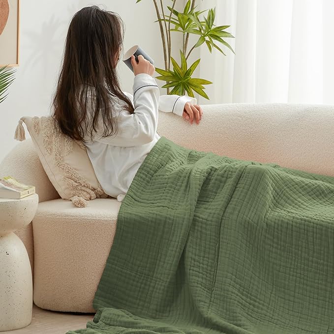 Love's cabin 6 Layer 100% Cotton Muslin Blanket, 50"x60" Throw Muslin Blanket for Couch Bed, Sage Green Muslin Throw Blanket, Lightweight and Breathable Cotton Gauze for Adult
