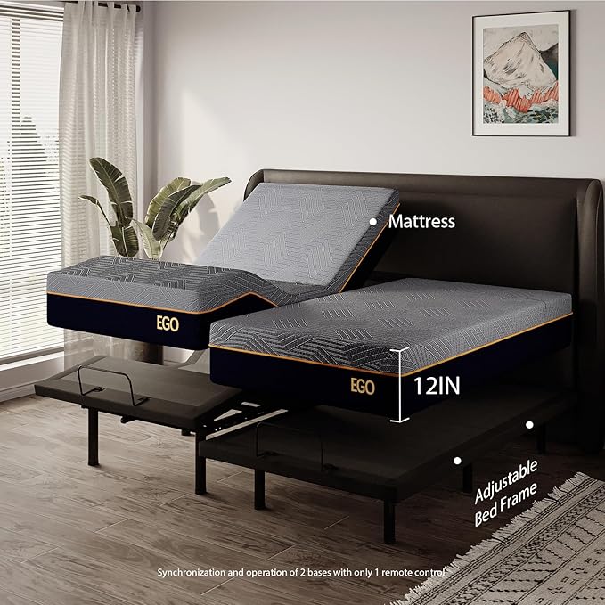 EGOHOME Split King Adjustable Bed Frame and 12" Memory Foam Mattress, Independent Head and Foot Incline Electric Bed with Massage, Wireless Remote, Zero Gravity, LED Lights, USB Ports, Adjustable Legs