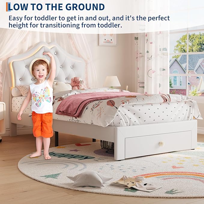 Garvee Twin Size Bed Frame with LED Lights & Velvet Crystal Button Headboard, Upholstered Boy/Girl Platform Bed with Storage Drawer, Noise Free, No Box Spring Needed for Kids, Teens, Beige