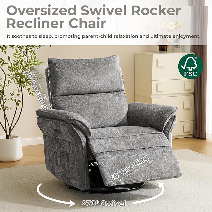Oversized Power Recliner Chair Swivel Glider with Massage and Heat, Rocker Nursery Recliner for Adults with Adjustable Headrest, 26" Extra Wide Nursery Chair with Overstuffed Armrest, Dark Grey