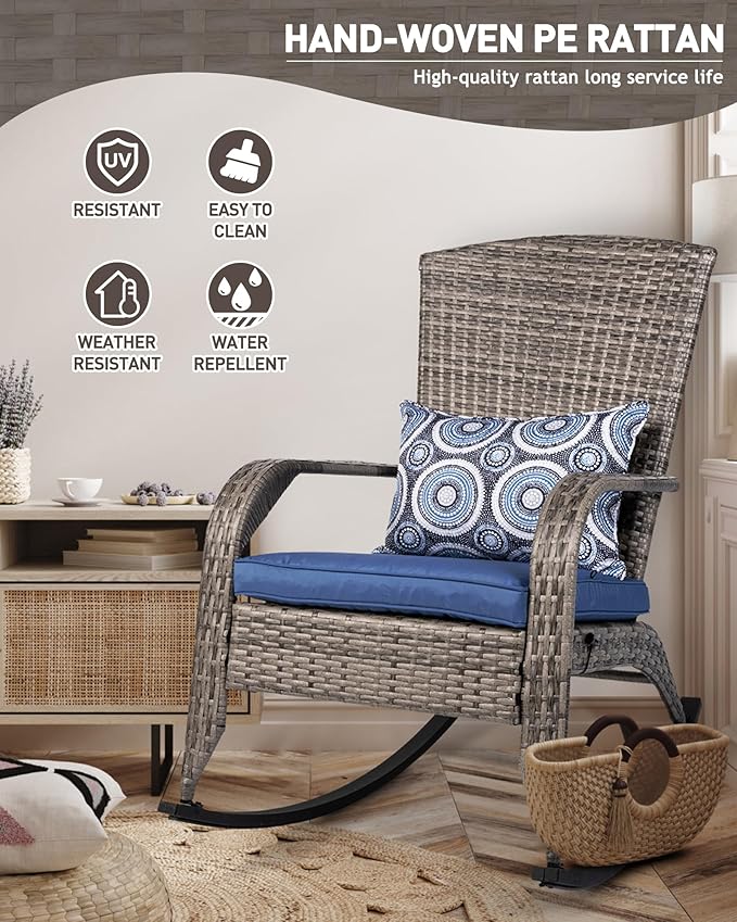 Outdoor Rocking Chair Set of 2, Rattan Patio Rocker Chairs with Cushions and Steel Frame, All-Weather Outdoor Rocker Chair with 2 Cushion Covers, Wicker Rocking Chairs Set of 2