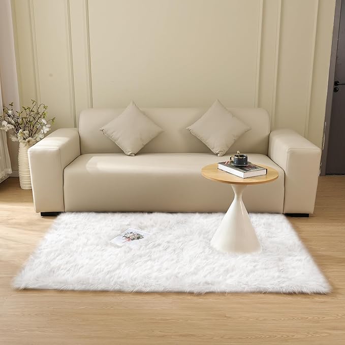 White Shag Washable Area Rugs for Living Room Faux Sheepskin Fuzzy Fur Rug for Bedroom Nursery Rug 3x5 Teen Room Décor Boho