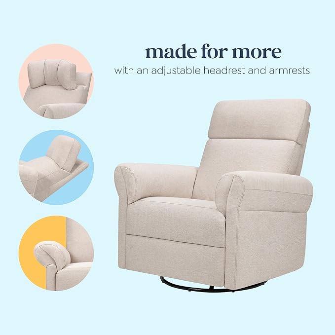 Davinci Suzy Flex Nursery Recliner and Swivel Glider with Adjustable Headrest and Armrests, High Pillowback in Beach | GREENGUARD Gold, FSC, CertiPUR-US® Certified