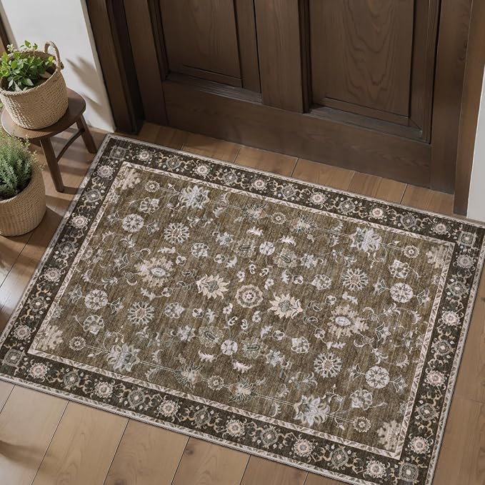 Tangsoo 2x3 Small Rug Washable Brown Entry Rugs for Entryways Non-Slip Vintage Floral Throw Area Rugs Boho Rugs Distressed Floor Carpet Soft Low Pile Door Mat for Entrance Bedroom Kitchen Foyer Decor