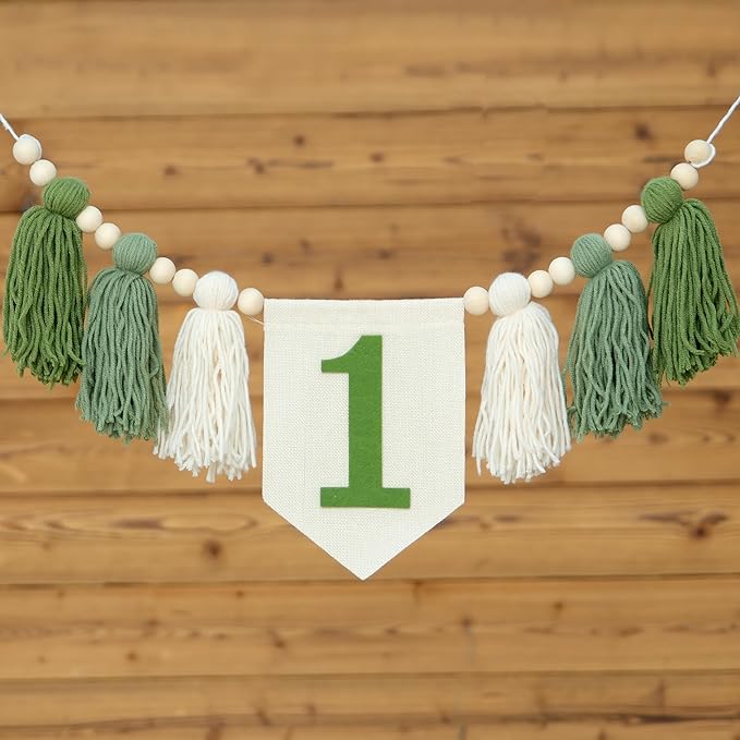 Green Wild One 1st Birthday High Chair Banner First Highchair Banner For Baby Boys Handmade Wall Hangings Boho Wood Bead Tassel Garland 1 Birthday Party Decorations Photoshoot Props Photo Props