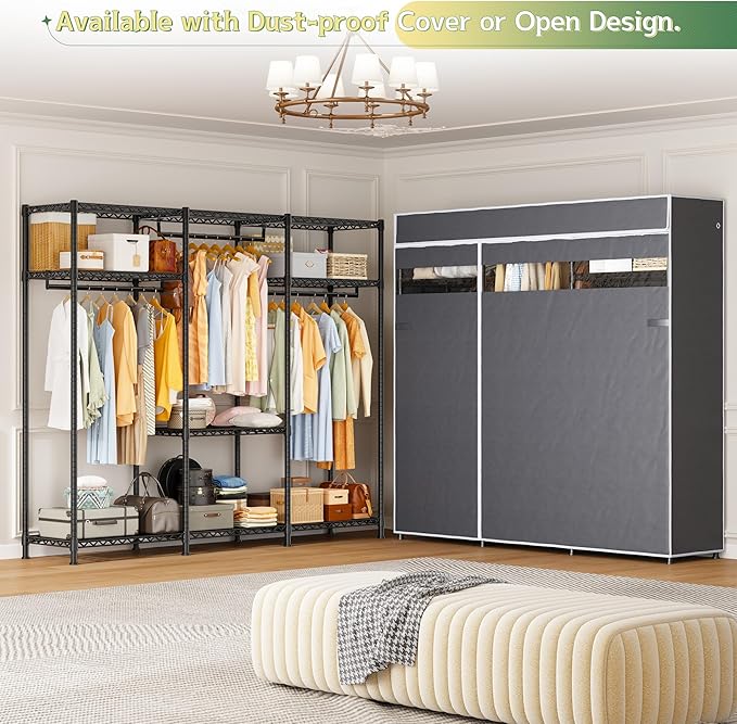 Raybee Heavy Duty Clothes Rack Load 800 LBS, Adjustable Clothing Racks for Hanging Clothes, Clothing Rack with Shelves for Bedroom,Basement 56''W x 15.7''D x 75.4''H, Black