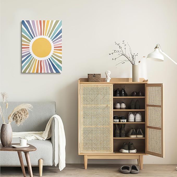 XWELLDAN Cute Cartoon Sun Cheerful Nursery Wall Art Canvas Prints,Watercolor Boho Neutral Sun Sunshine Wall Art Decor for Kids Baby Bedroom Nursery Playroom, 11 x 14 Inch, Framed