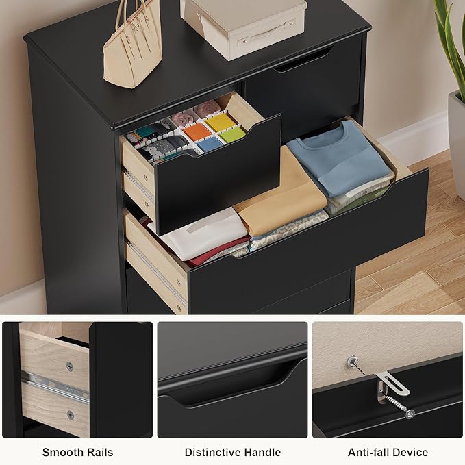 Gizoon 5 Drawers Chest, Black Dresser for Bedroom with Large Storage Capacity, Chest of Drawers with Embedded Handle, Sturdy Anti-Tripping Device for Hallway, Office, Living Room