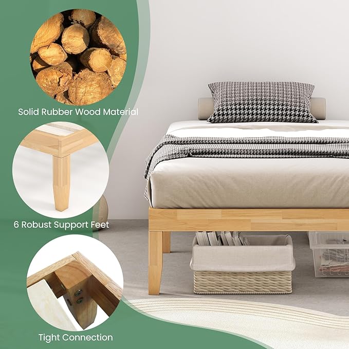 KOMFOTT 14 Inches Wood Platform Bed Frame Twin Size, Wooden Mattress Foundation with Rubber Wood Frame, Strong Slat Support, No Box Spring Needed, Bed Frame (Natural)