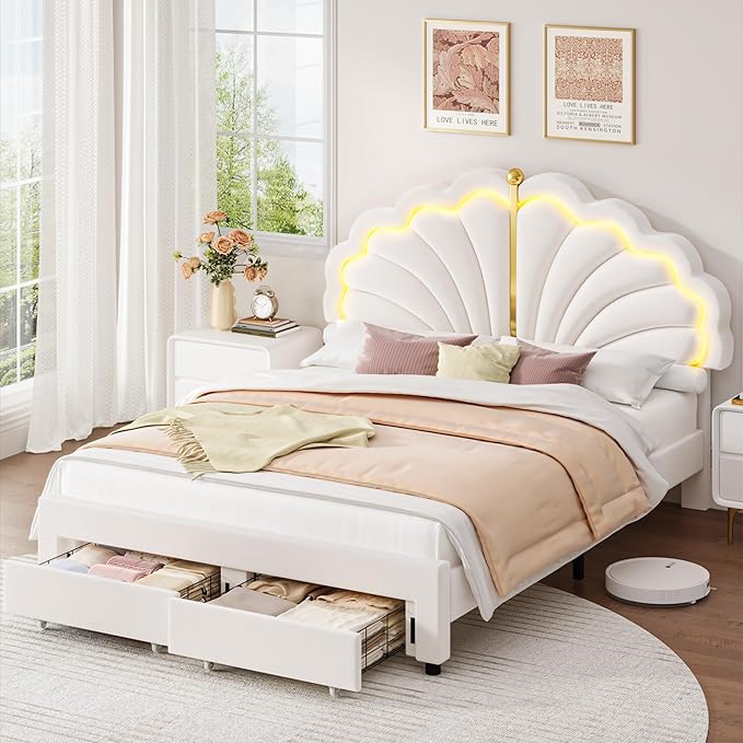 Keyluv Queen Princess Bed Frame with Storage Drawers, Soft Velvet Upholstered LED Platform Bed with Adjustable Modern Shell Headboard, No Box Spring Needed, Noise-Free, Beige