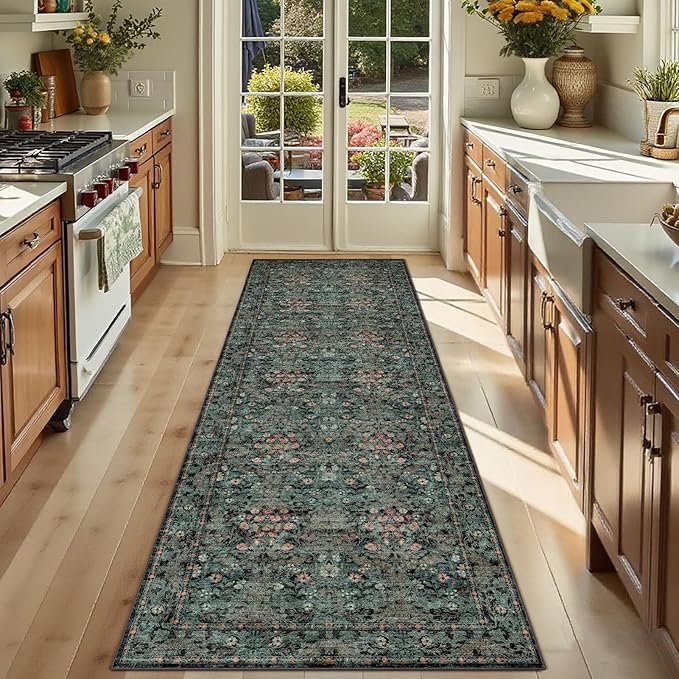 Lunasun Boho Dark Green Botanical 2x6 Washable Long Kitchen Runner Rug - Floral Throw Rug for Hallway, Bathroom, Indoor Entrance, Laundry, Bedroom - Soft Vintage Front Door Mat with Low Pile Non Skid