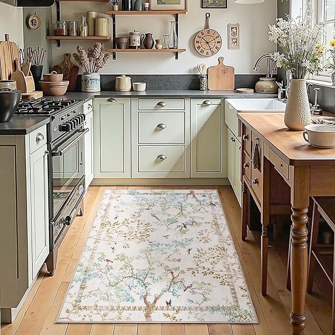 jinchan Yarden Botanical Birds 3x5 Ivory Area Rugs for Entryway Washable Non Slip Soft Nature Plants Modern Kids Room Carpet Vintage Ultra Thin Low Pile Rug for Living Room Kitchen Bathroom Front Door