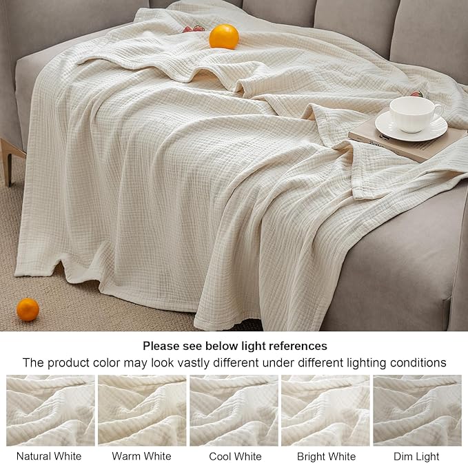 PHF 100% Cotton Muslin Blanket Twin XL Size 66"x90", 4-Layer Lightweight Gauze Throw, Breathable Cloud-Soft Minimalist Blanket for Bed, Couch, Camping & Baby, Oat Milk, Ideal Gift