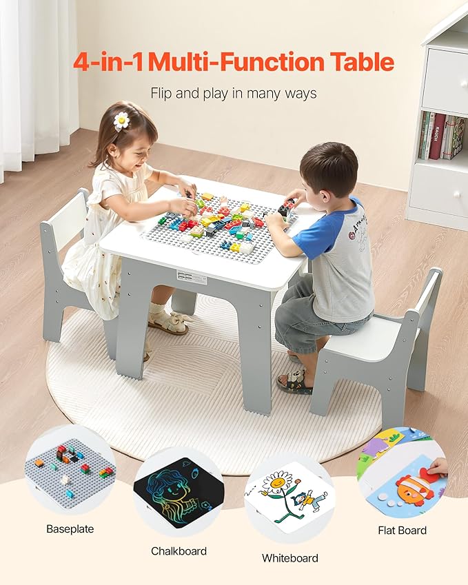 VEVOR Kid Activity Table and 2 Chairs Set, 23*23*20inch Graffiti & Building Blocks Double-Sided Tabletop, Toddler Play Table with Storage for Kids 3+ Years, Large Storage Space, Gift for Boys & Girls
