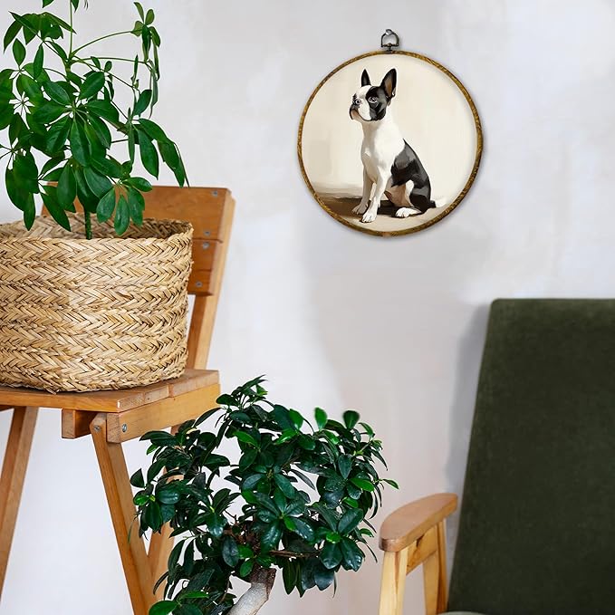 Hiuwevt Vintage Boston Terrier Dog Round Wall Art Decor, Cute Neutral Boston Terrier Framed Canvas Prints, Retro Dog Round Wall Hanging Decor for Home Bedroom Living Room Decorations, 10x10 Inches