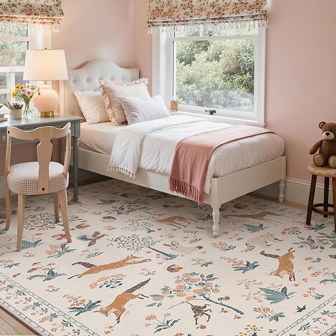 Washable Rugs 8x10 Rug for Living Room, Floral Animal Print Area Rug, Non Slip Low Pile Girl Room Carpet for Bedroom, Dining Room, Nursery, Playroom, Beige