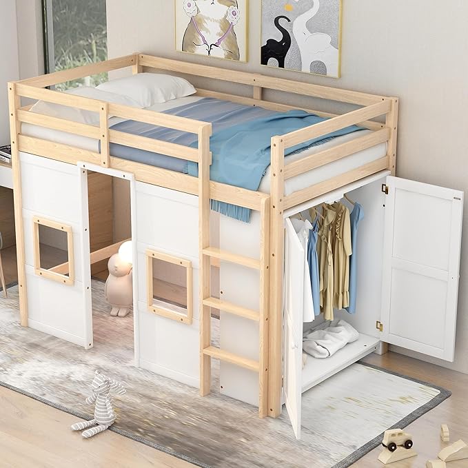 Playhouse Design Twin Size Loft Bed with Built-in Storage Wardrobe and 2 Windows, Solid Wood Loft Bed Frame with Safety Guardrail for Kids Teens Boys Girls, Space-Saving (Whit+Natural)