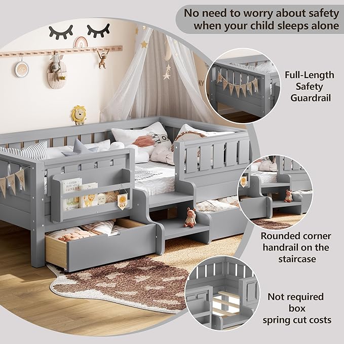 Bellemave Twin Bed with Slats and Stairs, Twin Size Platform Bed Frame with Fence, Bookshelf and Storage Drawers, Easy Assemble Beds for Kids, Girls, Boys, Gray